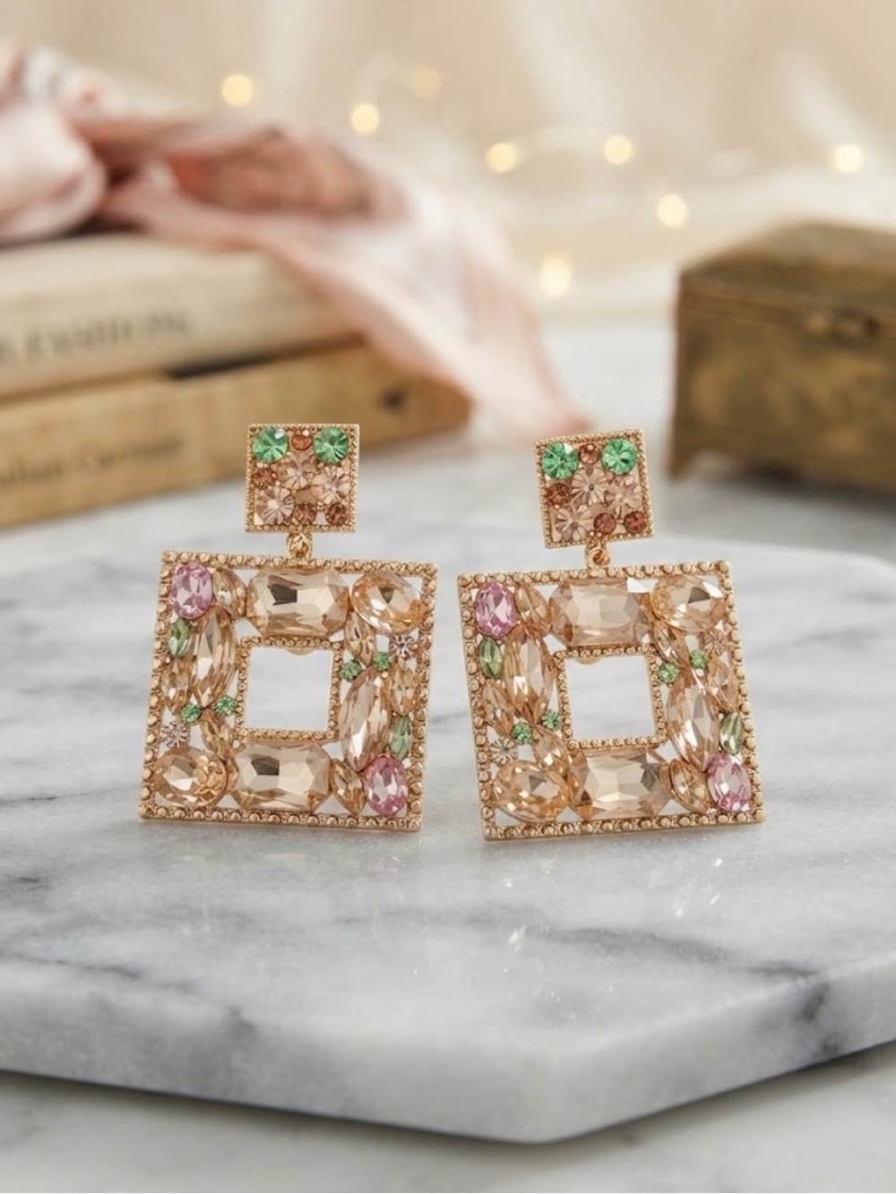 Gold-Tone Square Crystal Drop Earrings with Pink & Green Accents